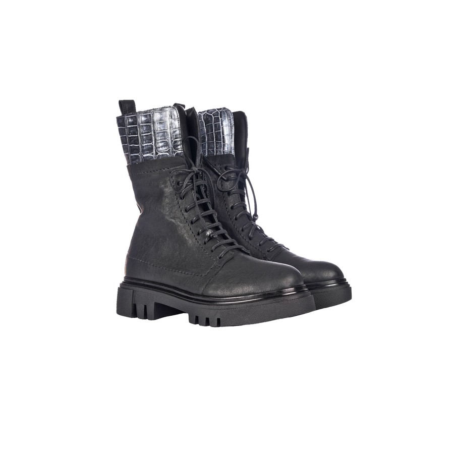 New HENRY BEGUELIN Combat Boot Old Iron Black With Crocodile