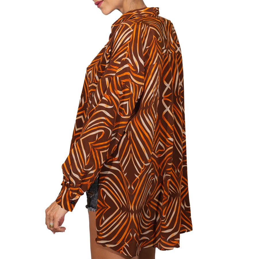 New HENRY BEGUELIN Printed Silk Shirt Brandy